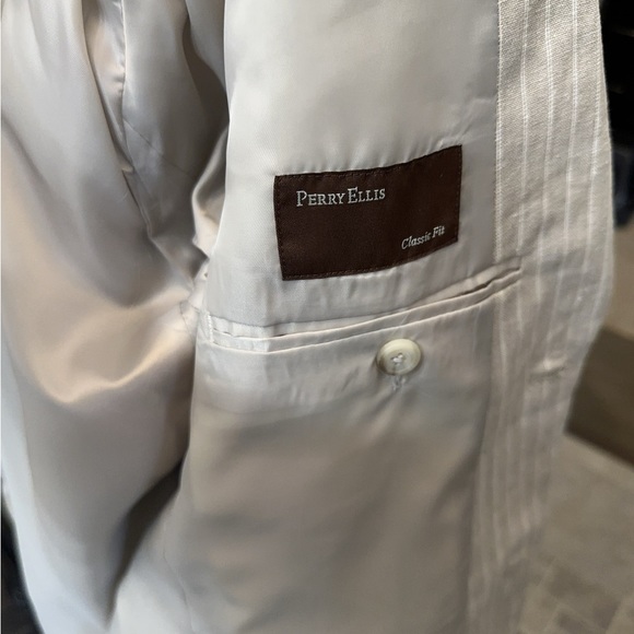 NWOT Beige White Perry Ellis Pin Stripe Linen Cotton Stud Boss Blazer 42R - Picture 13 of 15